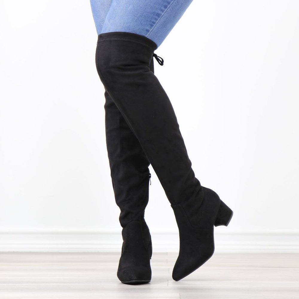 Black Faux Suede Pointy Toe Thigh High Over The Knee Low Block Heel Boots_13